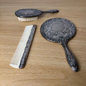 Vintage Ornate Silver Tone Vanity Set Mirror Brush Comb Floral Repousse 3pc